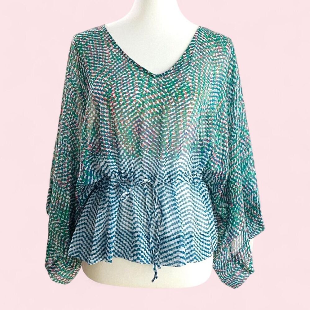 Cabi style #731 sheer fairy preppy, V-neck cinched drawstring waist M coquette
